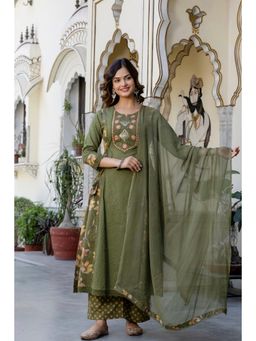 EthniFlair - Floral Embroidered Sequinned Schiffli Kurta with Pants and Dupatta - Olive