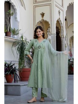 EthniFlair - Yoke Embroidered Cotton Pleated Kurta With Pant and Dupatta - Green