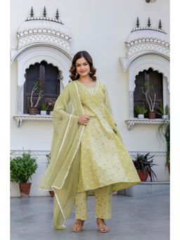 EthniFlair - Pintucks Empire Mirror Work Cotton Kurta with Pant and Dupatta