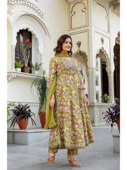EthniFlair - Floral Embroidered Cotton Anarkali Kurta with Pant and Dupatta - Olive