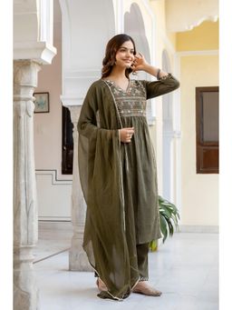 EthniFlair - Ethnic Motifs Embroidered Pleated Cotton Kurta Pant Dupatta - Olive