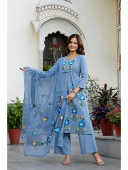 EthniFlair - Brush Paint Cotton Kurta with Pant and Nazneen Dupatta