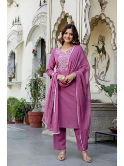 EthniFlair - Yoke Embroidered Cotton Straight Kurta With Pant and Dupatta