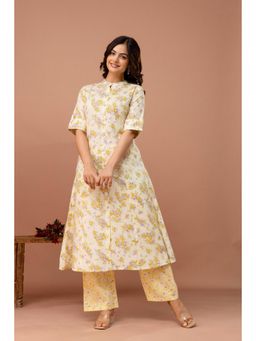 EthniFlair - Floral High Slit Cotton Kurta with Pant - Yellow