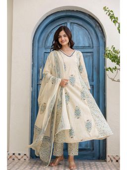 EthniFlair - Floral Panelled Cotton A-line Kurta With Pants and Dupatta - Blue
