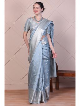 Folksong - Women's Silk Jacquard Blue Saree with Unstitched Blouse