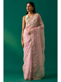 WISHFUL by W - Women's Pink Floral Embroidered Organza Saree and Unstitched Blouse