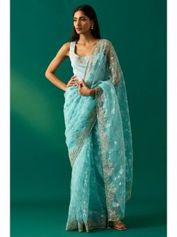 WISHFUL by W - Women's Light Blue Floral Printed Embroidered Net Saree and Unstitched Blouse