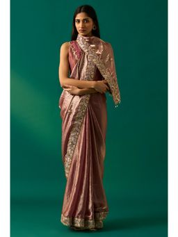 WISHFUL by W - Women's Brown Solid Embroidered Banarasi Tissue Satin Saree and Unstitched Blouse