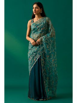 WISHFUL by W - Women's Teal Floral Embroidered Zari Work Tissue Satin Saree and Unstitched Blouse