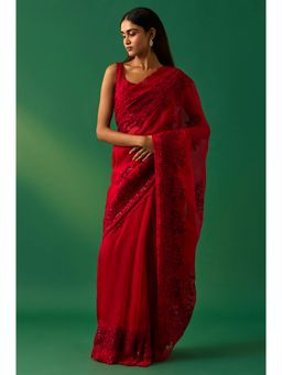 WISHFUL by W - Women's Red Floral Embroidered Sequinned Saree Silk Saree and Unstitched Blouse