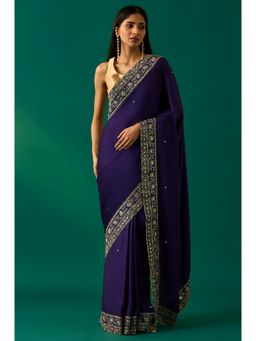WISHFUL by W - Women's Purple Solid Embroidered Banarasi Satin Saree and Unstitched Blouse