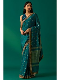 WISHFUL by W - Women's Teal Polka Dot Printed Sequinned Ethnic Silk Saree and Unstitched Blouse
