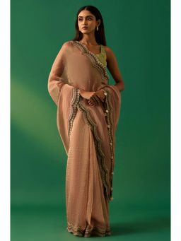 Wishful - Women's Pink Zari Work Tissue Saree and Unstitched Blouse