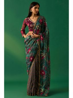 WISHFUL by W - Women's Green Floral Printed Embellished Organza Saree and Unstitched Blouse