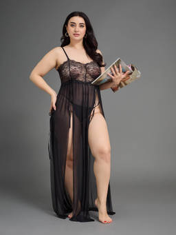 Secrets By ZeroKaata - Women Plus Size Sheer Self Design Long Baby Doll Black