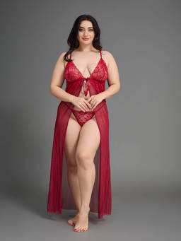 Secrets By ZeroKaata - Women Plus Size Sheer Long Baby Doll Maroon