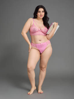 Secrets By ZeroKaata - Women Plus Size Self Design Lace Bra and Panty Pink