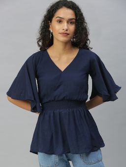 SHOWOFFFF - Women V-Neck Solid Navy Blue Regular Top