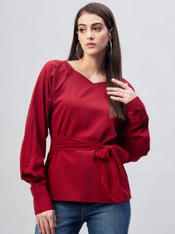 RARE - Women Casual Maroon Colour V-Neck Solid Regular Top