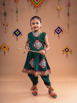 Banjara India - Green Embroidered Girls Kurta With Dhoti