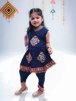 Banjara India - Navy Blue Embroidered Girls Kurta With Dhoti