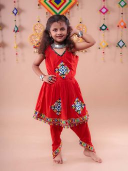 Banjara India - Red Embroidered Girls Kurta With Dhoti