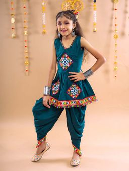 Banjara India - Teal Embroidered Girls Kurta With Dhoti