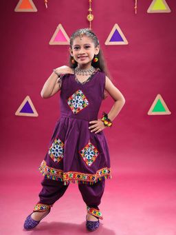 Banjara India - Wine Embroidered Girls Kurta With Dhoti