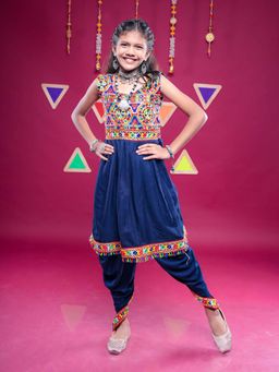 Banjara India - Navy Blue Emboidered Girls Kurta With Dhoti