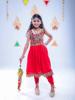 Banjara India - Red Emboidered White Girls Kurta With Dhoti