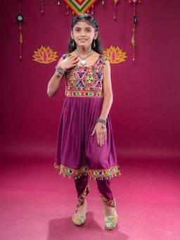 Banjara India - Wine Embroidered Girls Kurta With Dhoti