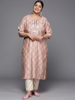 Extra love by Libas - Plus Size Women Pink Printed Silk Straight Kurtas for Women
