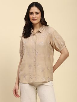 Global Republic - Thread Embroidered Collar Neck Puff Sleeves Beige Shirt