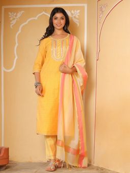 Jaipur Kurti - Women Chanderi Yellow Kurta With Pants and Chanderi Dupatta (Set of 3)