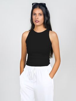 Zink London - Women Black Solid Ribbed Crop Top