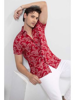 Snitch - Red Printed Half Sleeves Slim Casual Shirt