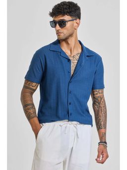 Snitch - Dark Blue Self-Design Half Sleeves Boxy Casual Shirt