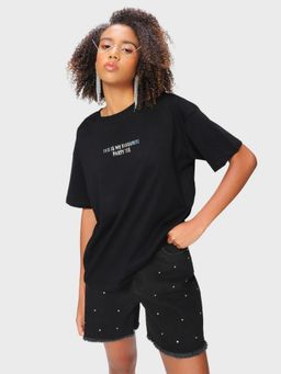 Bewakoof - Women's Black Party Fav Typography Oversized T-shirt