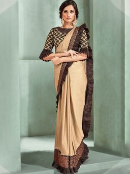 Odette - Beige Lycra Designer Saree with Unstitched Blouse