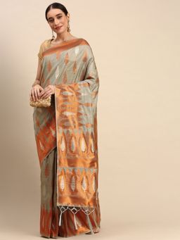 Sangam Prints - Grey Silk Woven Work Festival Tassel Saree with Unstitched Blouse