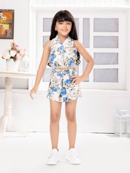 TINY BABY - Cream Linen Fabric Floral Printed Western Wear Divider Set