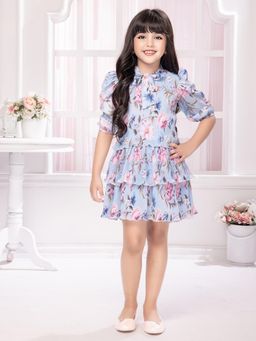 TINY BABY - Blue Synthetic 3/4 Sleeves Printed Fit and Flared Skirt Top