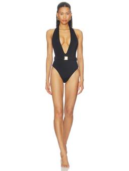 CINCIN - Marquise Women's Halter Plunge Belted One-Piece Swimsuit Black