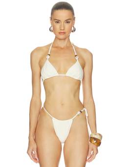 Camila Coelho - Beaded Women's Unpadded Halter Neck Bikini Top White