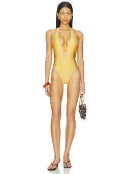 Camila Coelho - Solano Women's Shell Detail Halter Neck One-Piece Swimsuit Yellow