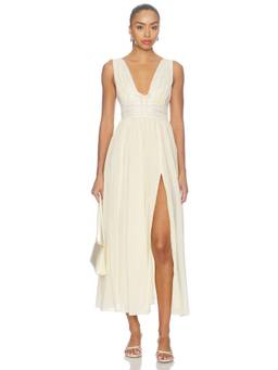 For Love & Lemons - Maxi Women's Lace Trim Deep V-Neck Slip Nightdress Cream