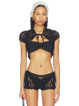 Frankies Bikinis - Devon Lee Carlson Women's Crochet Knit Tie-Up Bolero Black
