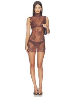 Free People - One More Time Women's Sheer Lace High Neck Mini Slip Dress Brown