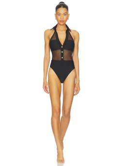 L'AGENCE - Collared Women's Mesh Button One-Piece Swimsuit Black